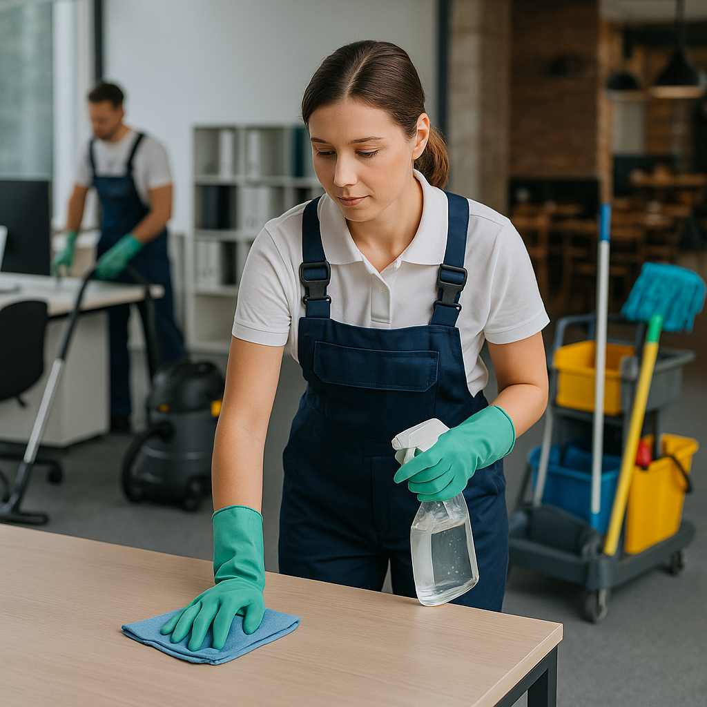 Клінер протирає поверхню столу під час базового прибирання квартири