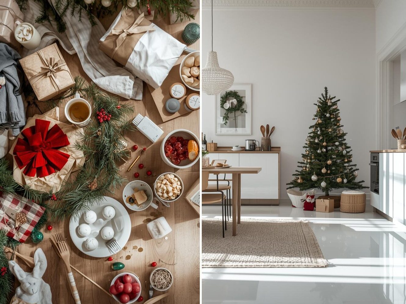 Квартира до і після різдвяного прибирання: зліва — безлад і пил, справа — чистота, порядок і святковий декор