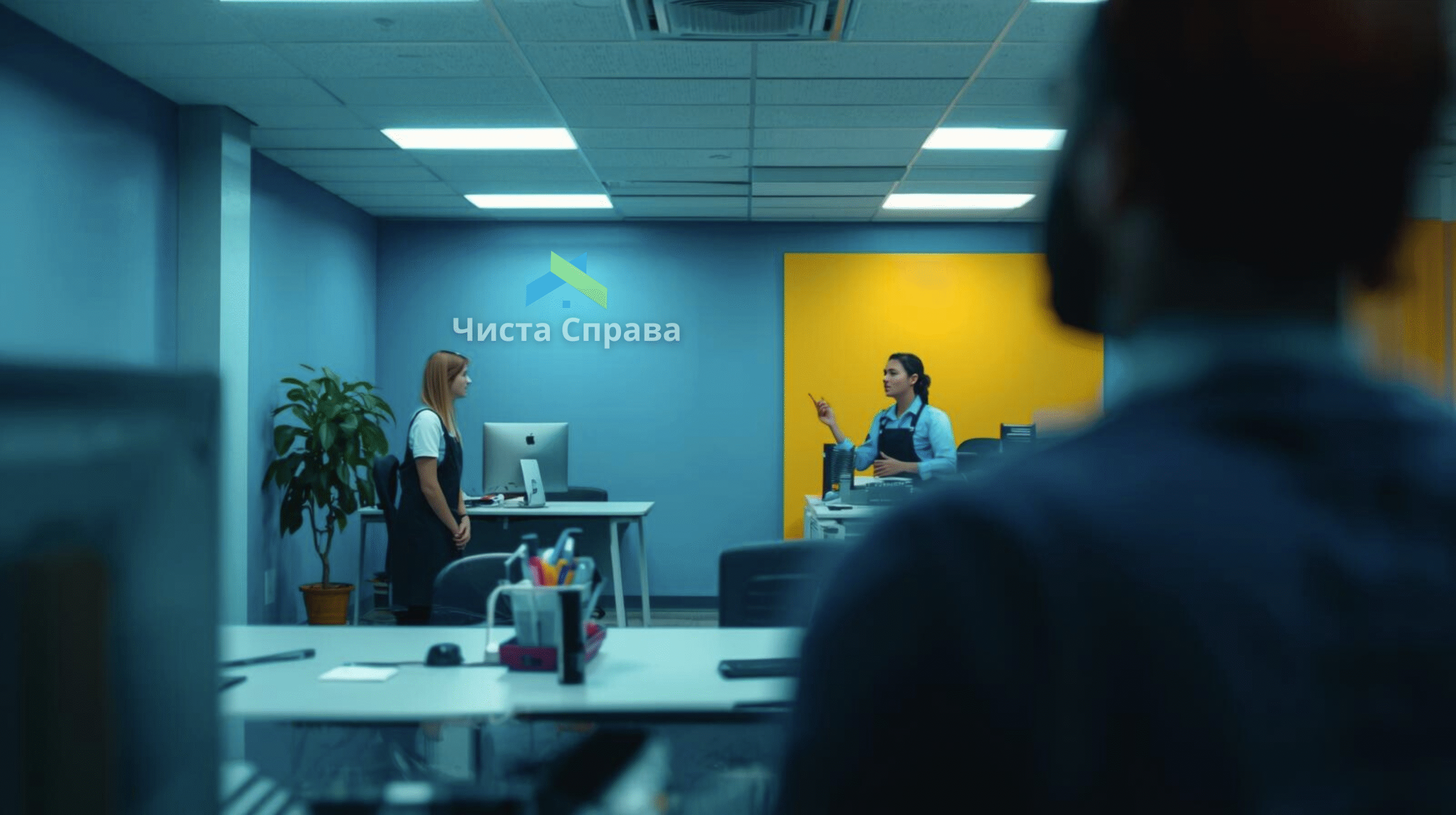 Офіс клінінгової компанії “Чиста Справа”: логотип на стіні, ресепшн з адміністратором, співробітники в уніформі спілкуються з клієнткою, сучасний інтер’єр із скляними перегородками та інвентарем.
